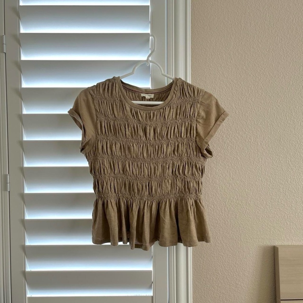Pilcro Short Sleeve Smocked Peplum "Tabby" Top in Light Brown